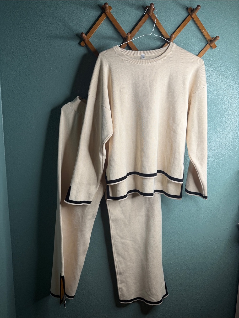 Cream Knit Two-Piece Lounge Set with Black Trim